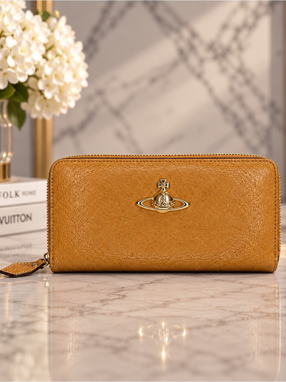 Vivienne Westwood Camel Beige Zip Around Wallet – Orb Logo Leather
